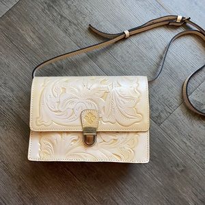 Patricia Nash Cream Tooled Leather Crossbody Bag with Tan Strap